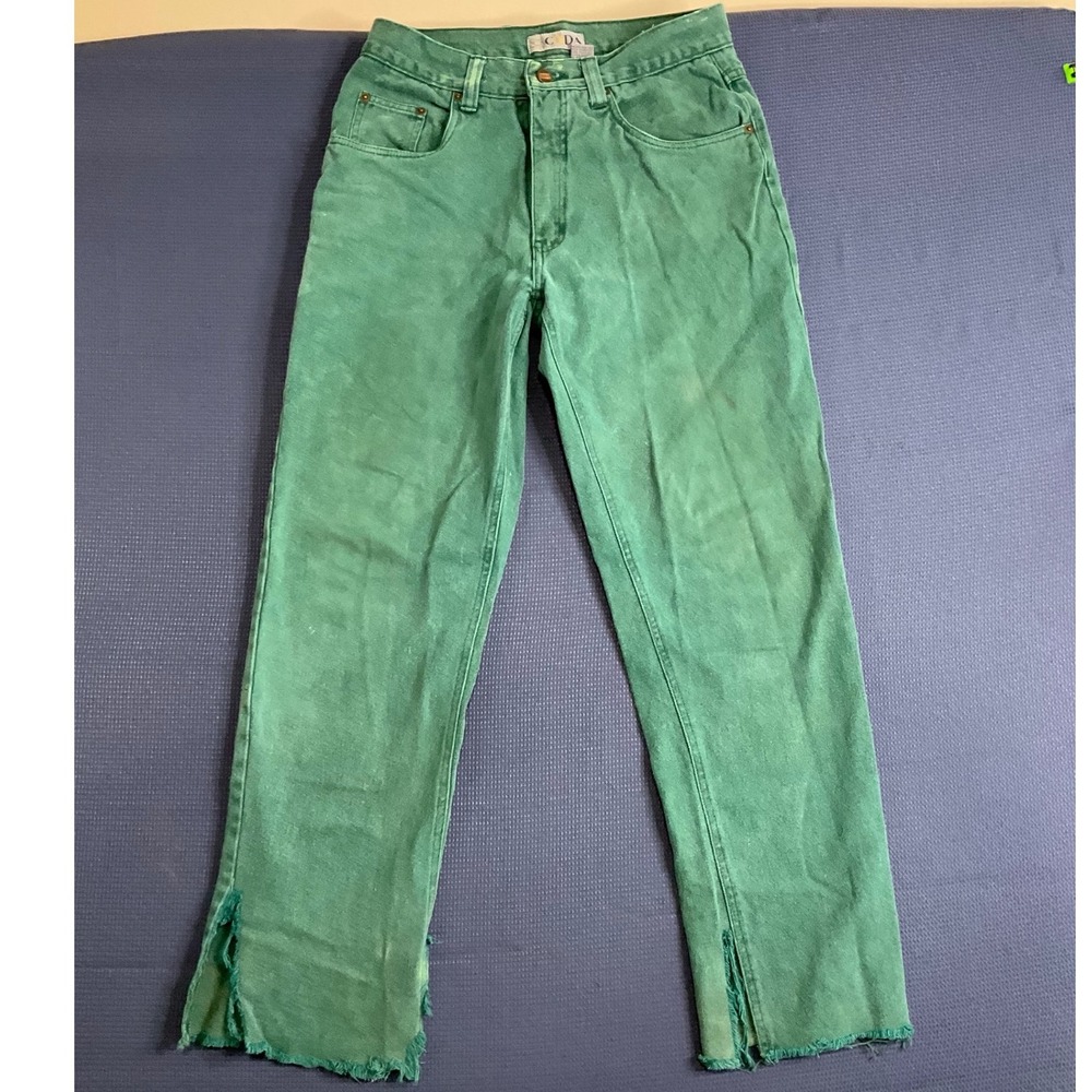 Coda Vintage Emerald Green High Waisted Frayed Hem Straight Leg Jeans 30x30